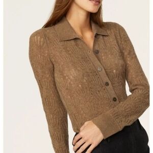 Naadam Brown Pointelle Cashmere Wool Polo Cardigan Sweater Size M